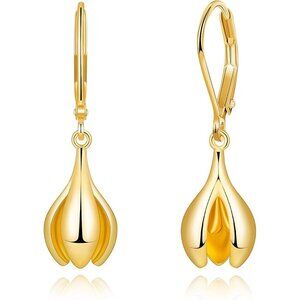 14K Gold- Floral Leverback Dangle Drop Hypoallergenic Earring for Women
